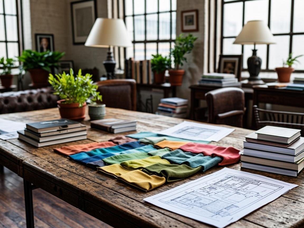 Interior design studio workspace with mood board, material samples, and fabric swatches at ILHAN'S Interior's Lahore