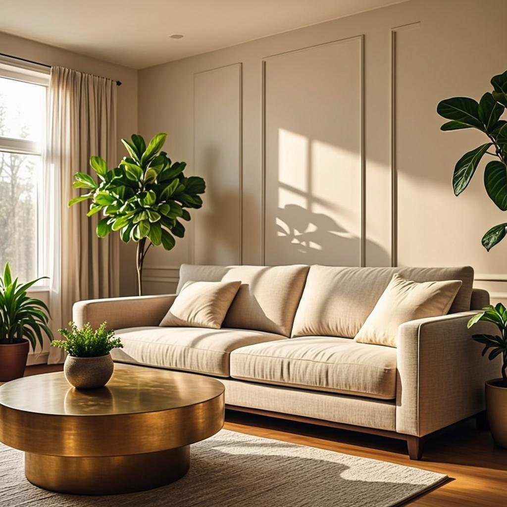Modern living room interior design Lahore with cream sofa and oak flooring by ILHAN'S Interior's