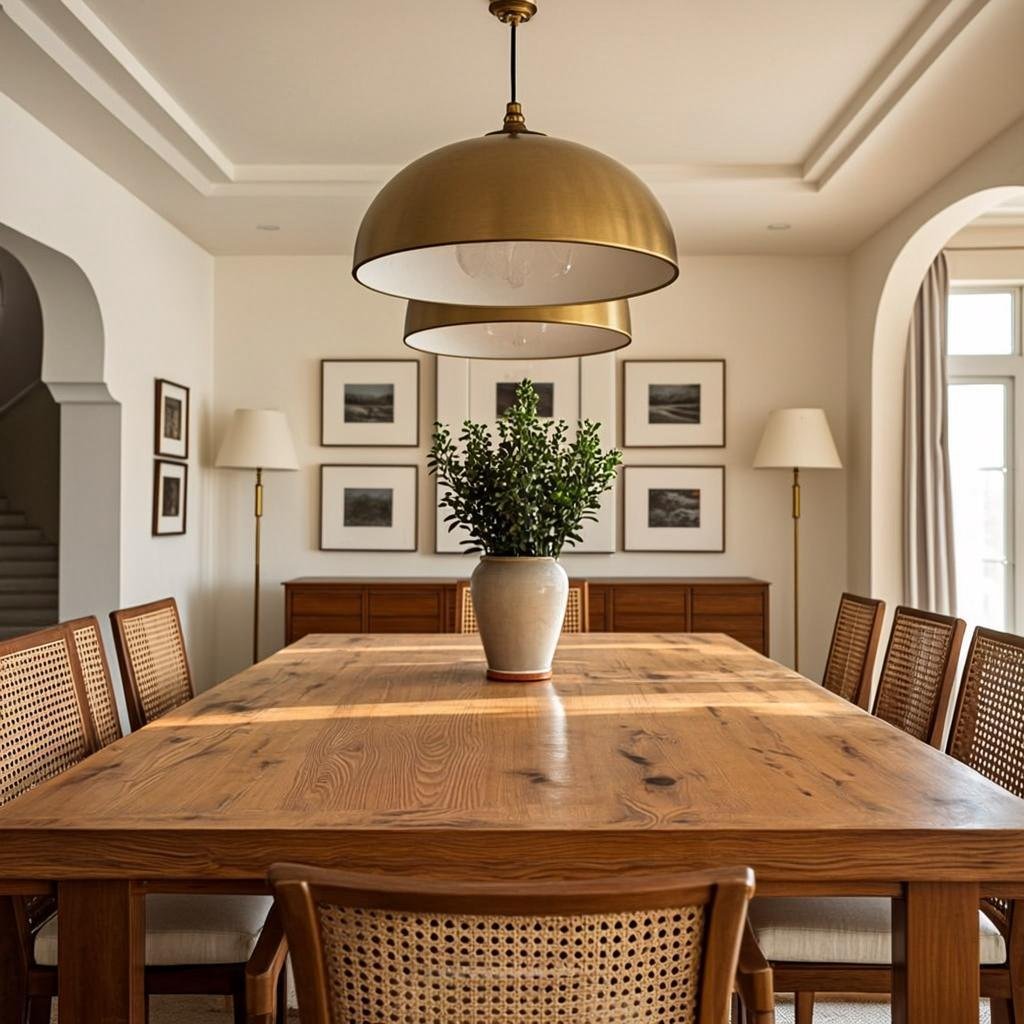 Elegant dining room interior design Lahore with warm wood table and brass pendant lights