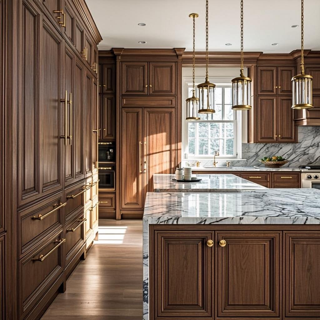 Modern luxury kitchen interior design Lahore with oak cabinetry and marble countertop