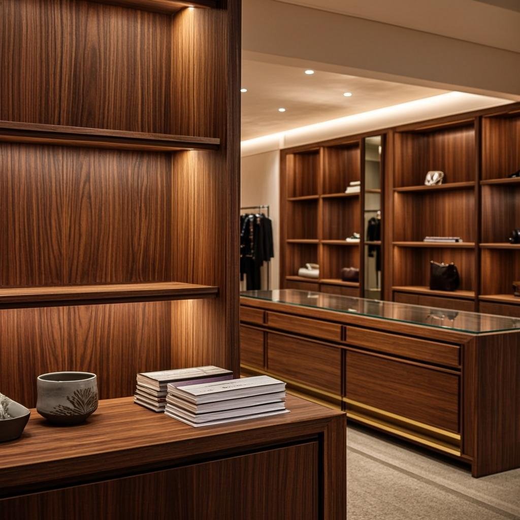 Boutique retail store interior design Lahore with warm wood shelving and brass accents