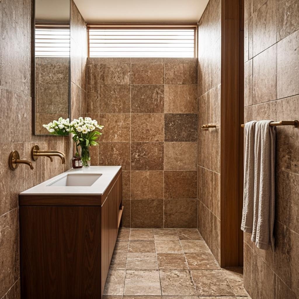 Modern luxury bathroom interior design Lahore with stone tiles and brass fixtures